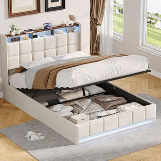 OEM Cama Lit De 160x200 Cm Con Somier De Lamas, Cama Doble 160x200 Cm, Estructura De Cama, Led Y Cofre De Almacenamiento, 2 Personas, Lino Beige