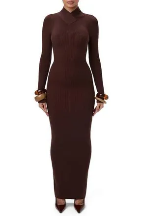 Naked Wardrobe Rib Long Sleeve Body-Con Sweater Dress in Dark Chocolate at Nordstrom Rack, Size Medium