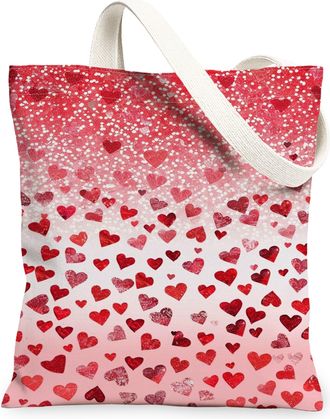 Generic ValentineS Day Hearts Canvas Tote Bags, Love Pattern Reusable Grocery Bags, Lightweight Washable Shoulder Strap Canvas for, Red, 13x15 Inch