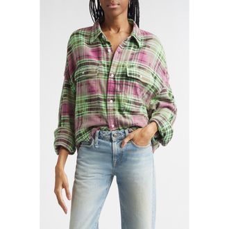 R13 Oversize Fray Hem Plaid Button-Up Crop Work Shirt in Pink Overdyed Green Plaid at Nordstrom, Size X-Small