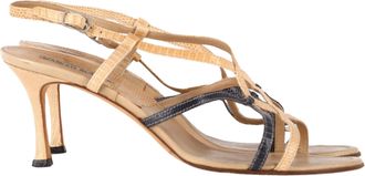 Manolo Blahnik Snakeskin-Embossed Sandal Heels in Nude Leather