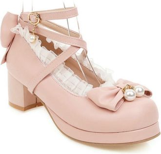 Generic Womens Lolita Style Crisscross Strap Block Heel Shoes - Sweet Bow & Pearl Round-Toe Pumps,Pink,6.5 UK