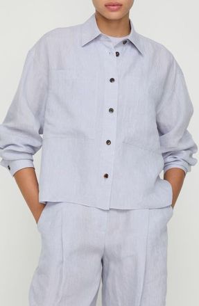 Lafayette 148 New York Organic Linen Crop Boyfriend Shirt in Arctic Amethyst Melange at Nordstrom, Size X-Large