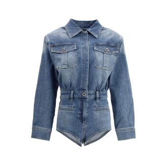 Self Portrait Playsuits, female, Blue, Size: 2XS Rhinestone Denim Playsuit