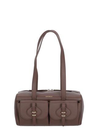 Coccinelle Medium Rectangular Leather Shoulder Bag with Flap Pockets and Gold Hardware