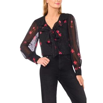 CeCe by Cynthia Steffe Blouse Top Womens Rich Black Floral Ruffle V Neck Long Sleeve GBO3553