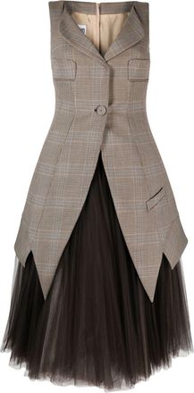 Moschino Glen plaid tulle-underlayer midi dress - women - Polyester/Elastane/Virgin Wool/Polyamide/Cupro/Acetate - 42 - Brown