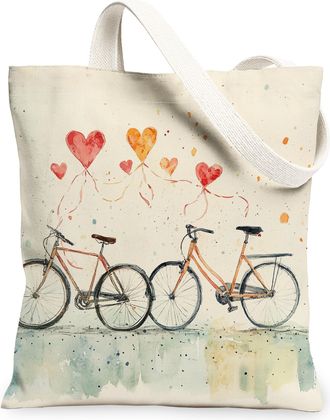 Generic Bike Canvas Tote Bags, Heart Balloon Design Reusable Grocery Bags, Spring Vintage Lightweight Washable Shoulder Strap Canvas for Travel 13x15 Inch