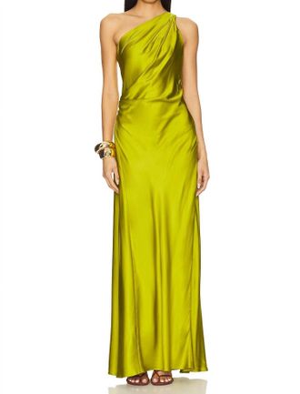 A.L.C. Aster Satin One Shoulder Gown In Green Amber