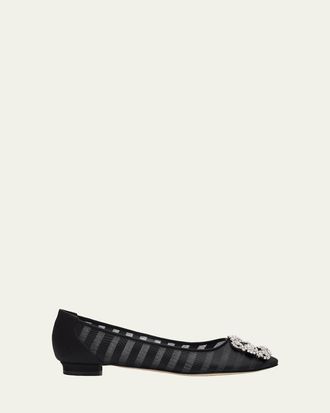 Manolo Blahnik Hangisla Striped Organza Jewel-Buckle Flats