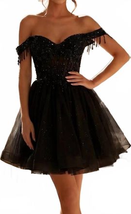 Juliet Fringed Off Shoulder Short Dress In Black