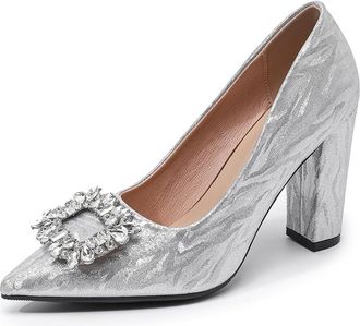 Generic Womens Pointed Toe High Block Heel Bridal Pumps Rhinestone Squre Buckle Decor Elegant Slip On Wedding Party Dress Shoes (7.5,Silver)