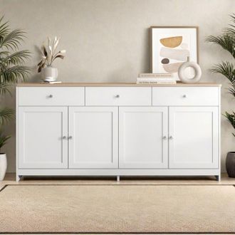 OEM Buffet - 4 Puertas Y 3 Cajones - Blanco Y Madera - 160x37x75 Cm - Estilo R&uacute;stico Moderno
