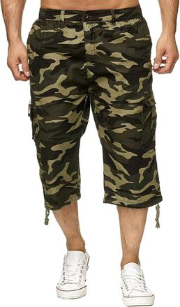 ACTIVEWEAR Unbranded Mens Camouflage Shorts Elasticated Waist 3/4 Cargo Combat Pocket Summer Trousers M L XL XXL XXXL [Khaki,3XL]