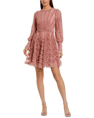 Mac Duggal Mesh Micro Ruffle Long Sleeve Mini Dress