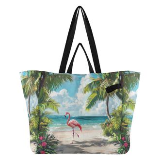 Generic Flamingo Palm Beach Beige pattern Reusable Canvas Tote Bag, Heavy Duty Grocery Shopping Bag with Double Handles Large Capacity Hard Bottom Work Grocer