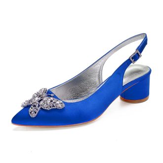 Generic Womens Chunky Heels Pointed Toe Wedding Shoes Satin Low Heels Elegant Bridal Slingback Party Evening Dress Shoes 4.5Cm,Blue,3 UK