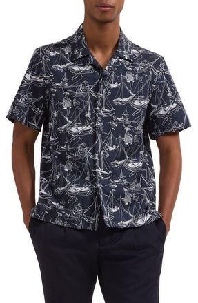 Bugatchi Jackson Marina Print Stretch Cotton Camp Shirt in Navy at Nordstrom, Size Xxx-Large