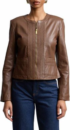 Bagatelle Basketweave Detail Leather Jacket in Saddle at Nordstrom, Size X-Large