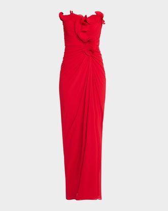 Badgley Mischka Pleated Ruffled Chiffon Column Gown