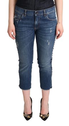 Dolce & Gabbana Blue Washed Mid Waist Denim Logo Cropped Womens Jeans Cotton - Size Small