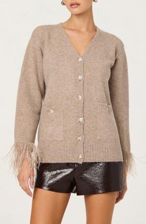 ASTR the Label Grie Crystal Embellished & Feather Trim Cardigan in Taupe at Nordstrom Rack, Size X-Small