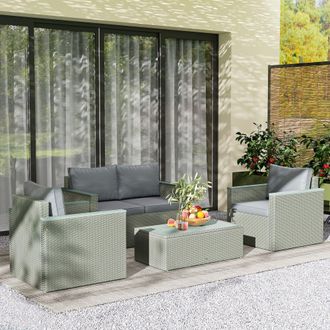 OUTSUNNY 4 Piece Rattan Garden Furniture Set with Cushions, Light Grey