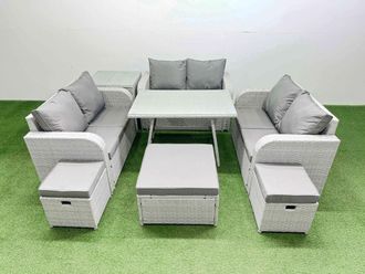 Fimous 9-seater Patio Rectangular Table Love Sofa Set with Side Table Stools in Light Grey
