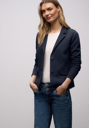 Street One Jackenblazer STREET ONE, Damen, Gr. 44, shadowed navy, Web, Obermaterial: 73% Baumwolle, 24% Polyester, 3% Elasthan, normal h&uuml;ftbedeckend, V-Ausschnit