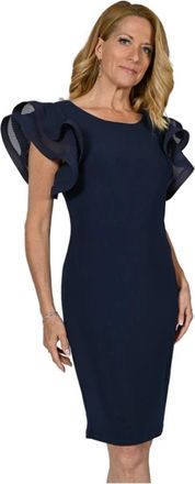Frank Lyman Design Navy Jurk met Ruches Mouwen - Dames - Korte kleedjes - Blauw - XL - Leer - Kleedjes