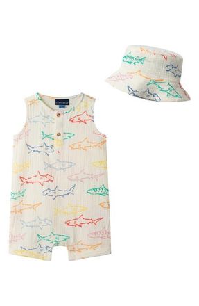 Andy & Evan Cotton Seersucker Romper & Hat Set in White Shark at Nordstrom, Size 18-24M