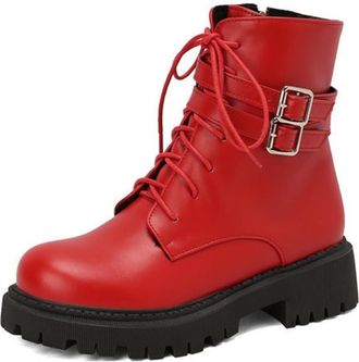 Generic Womens Winter Combat Boots Lace Up Buckle Straps Comfort Round Toe Chunky Heels Platform Gothic Punk Shoes with Zip (Red,7.5)