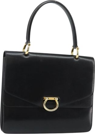 Celine Vintage Top Handle Bag Glazed Leather Black Leather Bag (Pre-Owned)