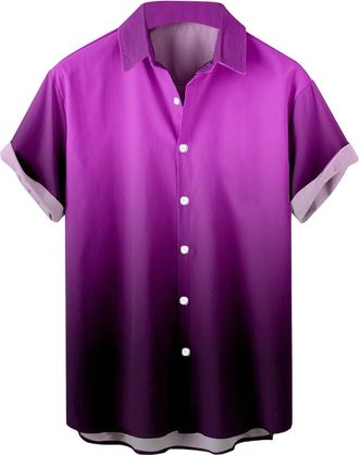 Generic Mens Casual Loose Gradient Color Short Sleeved Lapel Shirt Shirt Shirts for Men (Purple, XXXXXL)