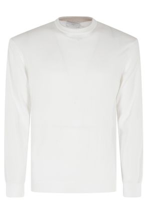 Eleventy White Beige Crewneck Long-Sleeve Cotton Sweater