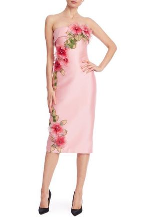Badgley Mischka Floral Appliqu&eacute; Strapless Cocktail Dress in Peony at Nordstrom, Size 0