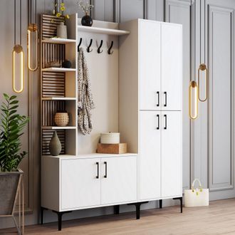 Dmora Mueble De Entrada Chiuro, Perchero, 13 Estantes, Puerta Batiente, 150x35x200h Cm Blanco