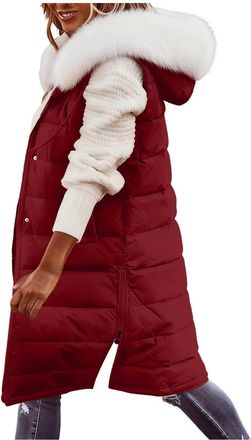 Generic Womens Gilets Quilted Gilet for Women Plus Size Longline Sleeveless Vest Puffer Jackets Waistcoats Warm Thick Zip Hooded with Detachable Faux Fur Coll