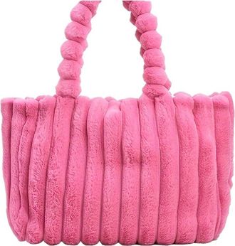 Generic Womens Plush Bags Large Capacity Plush Tote Bag, Stiped Faux Fur Shoulder, Womens Soft Fluffy Handbag(Pink)