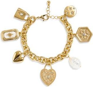 Nordstrom Rack Sentiment Charm Bracelet in Clear- White- Gold at Nordstrom Rack