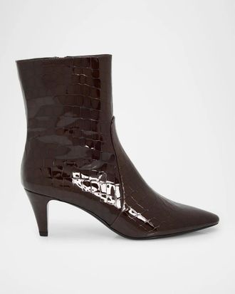 Stuart Weitzman 60mm Lennon Croc-Embossed Patent Leather Zip Booties