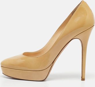 Jimmy Choo London Beige Patent Leather Cosmic Platform Pumps