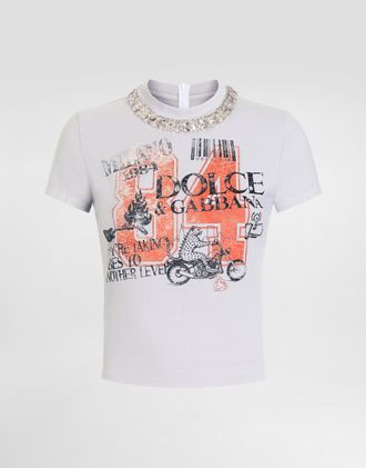 Dolce & Gabbana Jersey T-shirt With Print And Crystals - Woman T-shirts And Sweatshirts Gray 36