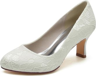 Minitoo Ladies Wedding Dress Shoes Slip on Floral Lace Evening Formal Pumps BR115 Ivory UK 5