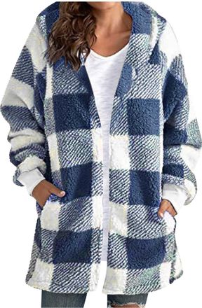 Generic Womens Checked Coats - Fluffy Fleece, Open Front, with Pockets, with Hood, Plaid, Long Sleeve, Casual Trendy, Longline Jackets Cardigans, Winter Warm 