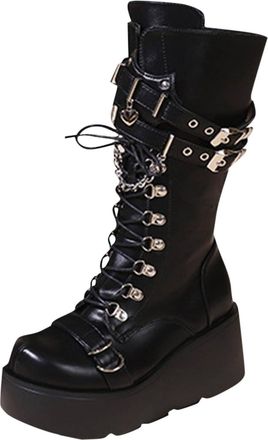 Generic Women Black Platform Goth Knee High Boots Chunky Heel Gothic Boot Women Black Combat Motorcycle Booties Ladies Round Toe with Zip Lace Up Lolita Shoes