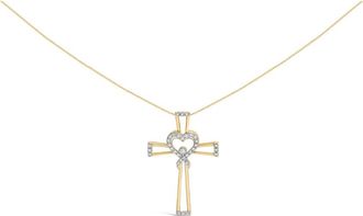 House of Brilliance 14K Yellow Gold over Silver 1/6 Cttw Diamond Interlocking Heart and Ribbon Cross Pendant Necklace