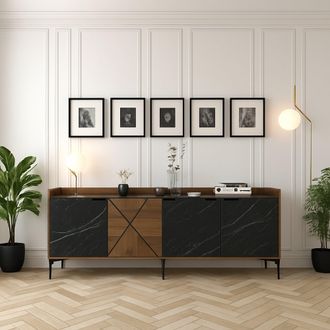 Dmora Credenza Fay, Aparador 2 Estantes, Puertas Batientes, 3 Puertas, 180x35x79h Cm Marr&oacute;n Nogal