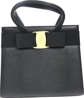 Ferragamo Convertible Vara Bow Tote Lizard Embossed Leather Black Leather Handbag (Pre-Owned)