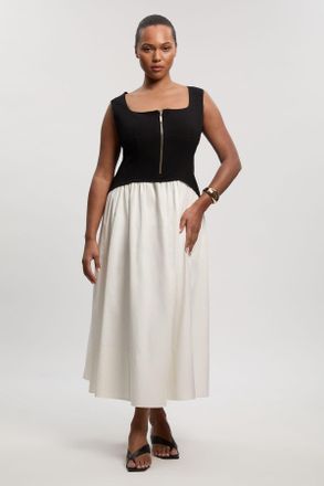Karen Millen Womens Plus Size Compact Stretch Cotton Mix Tailored Full Skirted Midi Dress - Monochrome Multi - Size 18 UK